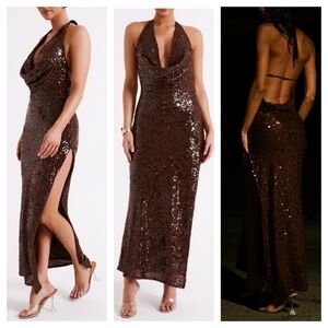 Meshki Brown Sequin Maxi Dress